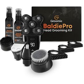 GROOMIE Crispy AF Full Grooming Kit for Bald Men - Includes BaldiePro Electric Razor, Pre-Shave Oil, Aftershave Serum, Deodorant, Case, Charging Cable and Shaving Accessories - 5 Blades