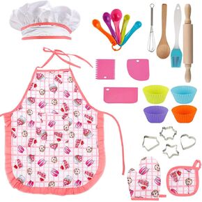 GIFTRRTOY Real Kids Cooking and Baking Set - 26 Pcs Kids Chef Role Play Costume Set Includes Rainbow Apron, Chef Hat, Cooking Mitt, Utensils, Cupcake Molds for Toddler Boys and Girls Ages 3+