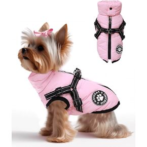 Dog Winter Jackets for Small Dogs, Dog Cold Weather Coat with Built in Harness Hole, Fleece Dog Clothes Reflective & Water Resistant with Zipper on Back Pink M