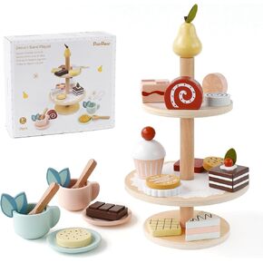 PairPear Wooden Tea Set for Little Girls, Wooden Toys Toddler Tea Set Play Kitchen Accessories for Kids Tea Party with Play Food.