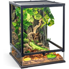 360° Clear View 35 Gallon 24x18x18 Glass Reptile Terrarium Suitable for Bearded Dragon, Chameleon, Crested Gecko, Multi-Pet Enclosure with Front Door, Excellent Ventilation, Hidden Wiring Holes