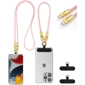 Cell Phone Lanyard With USB C to USB C Cable Fast Charging, 2 Pack - 1× Crossbody Neck Strap, 1× Phone Wrist Strap, 4× Phone Patches - Pink