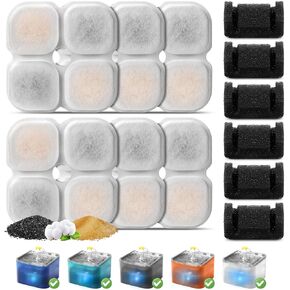 6 Set Cat Water Fountain Filter Replacement for 101oz/3L Crystal Cat Fountain, GISOFIK Pet Fountain Filters Replacement, Triple Filtration Replacement Filters (6 Filters, 6 Sponges)
