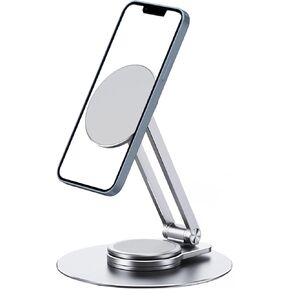 Magnetic Desk Phone Stand, Aluminum Phone Stand Holder Dock with 360°Rotation Base Adjustable Foldable, Compatible with iPhone 15/14/ 13/12/ Pro/Pro Max (Silver)