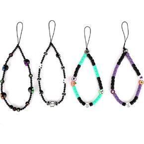 4pcs Halloween Phone Charm, Polymer Clay & Acrylic Phone Wrist Strap Halloween Cute Beaded Cell Phone Lanyard Phone Chain for Woman