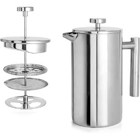 New York's Favorite Coffee French Press - 1 Liter Stainless Steel with Double Mesh Filter - Durable, Rust-Resistant Brewer for Home or Office