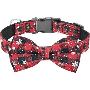 Dog Christmas Collar Bow Ties for Dogs, Christmas Holiday Dog Collars for Medium Large Dogs Boy, Adjustable with D Buckle Red Green Plaid Snowflake, Pet Supplie Collar (M, Green Snowflake)