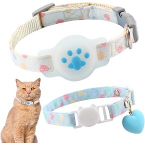 2Pcs Airtag Cat Collar, Pink Breakaway Luminous Cat Collar and Heart Quick Release Safe Buckle Collar, Adjustable Lightweight Kitten Collar, Hidden GPS Tracker Holder for Cats, Kittens(9.4-15.7")