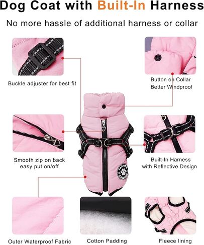 Dog Winter Jackets for Small Dogs, Dog Cold Weather Coat with Built in Harness Hole, Fleece Dog Clothes Reflective & Water Resistant with Zipper on Back Pink M in Saudi Arabia