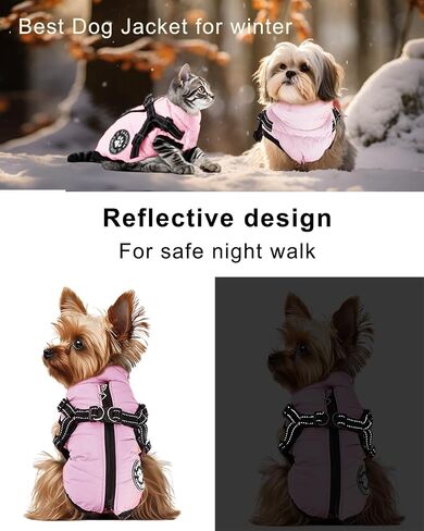 Dog Winter Jackets for Small Dogs, Dog Cold Weather Coat with Built in Harness Hole, Fleece Dog Clothes Reflective & Water Resistant with Zipper on Back Pink M in Saudi Arabia