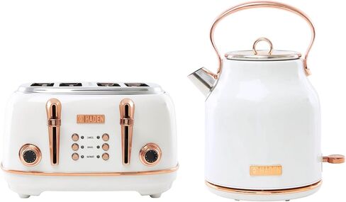 Haden Heritage 4 Slice Wide Slot Stainless Steel Toaster Bundled with 1.7 Liter Stainless Steel Electric Water Kettle, Ivory & Copper in Saudi Arabia
