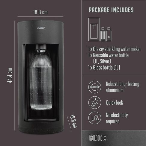 New Mysoda Glassy Design Sparkling Water Maker With 1L Glass & Plastic bottle - Silent Nordic Design Soda Maker Featuring A Sliding Door Opening - No Cylinder Included - Colour Black in Saudi Arabia