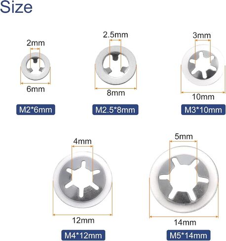 uxcell 200pcs Internal Tooth Star Lock Washers Set M2 M2.5 M3 M4 M5 Quick Speed Locking Washers, 304 Stainless Steel Starlock Push Nuts in Saudi Arabia
