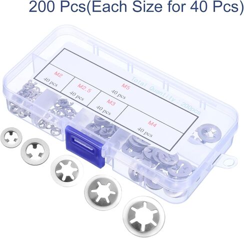 uxcell 200pcs Internal Tooth Star Lock Washers Set M2 M2.5 M3 M4 M5 Quick Speed Locking Washers, 304 Stainless Steel Starlock Push Nuts in Saudi Arabia