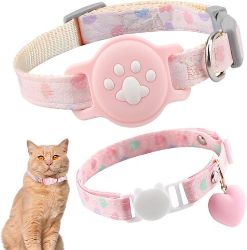 2Pcs Airtag Cat Collar, Pink Breakaway Luminous Cat Collar and Heart Quick Release Safe Buckle Collar, Adjustable Lightweight Kitten Collar, Hidden GPS Tracker Holder for Cats, Kittens(9.4-15.7") in Saudi Arabia