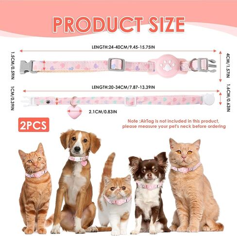 2Pcs Airtag Cat Collar, Pink Breakaway Luminous Cat Collar and Heart Quick Release Safe Buckle Collar, Adjustable Lightweight Kitten Collar, Hidden GPS Tracker Holder for Cats, Kittens(9.4-15.7") in Saudi Arabia