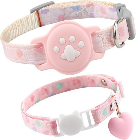 2Pcs Airtag Cat Collar, Pink Breakaway Luminous Cat Collar and Heart Quick Release Safe Buckle Collar, Adjustable Lightweight Kitten Collar, Hidden GPS Tracker Holder for Cats, Kittens(9.4-15.7") in Saudi Arabia