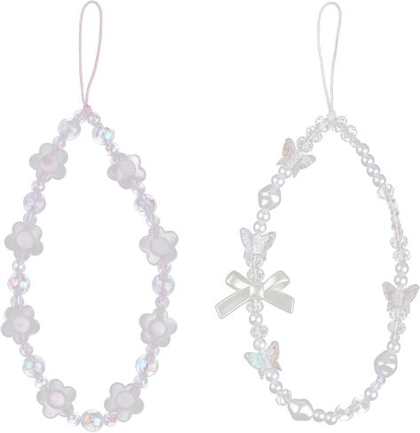 2 PCS Phone Charms Strap,Phone Bracelet Strap,Beaded Phone Charm,White Crystal Butterfly Pearl Wrist Lanyard,Purple Flower Crystal Phone Bracelet for Women's Phone Key Charms, 20CM, Pink in Saudi Arabia
