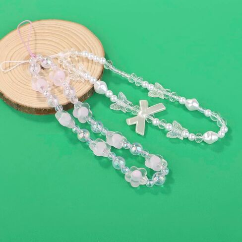 2 PCS Phone Charms Strap,Phone Bracelet Strap,Beaded Phone Charm,White Crystal Butterfly Pearl Wrist Lanyard,Purple Flower Crystal Phone Bracelet for Women's Phone Key Charms, 20CM, Pink in Saudi Arabia