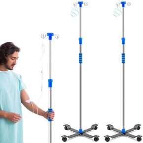 TrelaCo 2 Pack Rolling IV Pole Stand Rack Stainless Steel IV Supplies with 4 Hook 5 Legs 2 Nets to Hold IV Bags, Adjustable Height from 45 to 78 Inches for Hospital Clinic Home