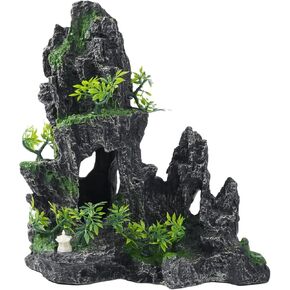 Aquarium Decorations Large Mountain View Stone Rock Cave Resin Betta Shrimp Hideout Ornaments with Small Plants Fish Tank Decorations