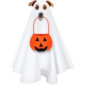 زي Sadnyy Halloween Ghost Dog مع دلو خدعة أو حلوى اليقطين، أزياء شبح بيضاء للكلاب والقطط ودلاء حلوى اليقطين للكلاب والحيوانات الأليفة وحفلات الهالوين التنكرية (متوسطة) in Kuwait