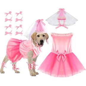 Sweetude 6 Pieces Halloween Princess Dog Costume Set Female Puppy Princess Tutu Skirt Dog Hat Delicate Cuffs PET Pink Outfits for Dogs Birthday Wedding Party (XXL)