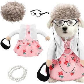 Talltalk 4 Pcs Old Lady Dogs Costume Set Grandma Dogs Costume Set Dog Halloween Costume with Pink Floral Dog Dress Wig Glasses Necklace for Dog Dress up(S Size) in Kuwait