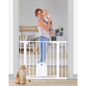 Newnice 26.7-29.5'' Narrow Baby Gate with Cat Door, Auto Close & Easy Walk Thru Dog Pet Gates for Stairs, Doorway, House, Pressure Mounted Safety Child Gate Includes 4 Wall Cups, NO Extensions, White