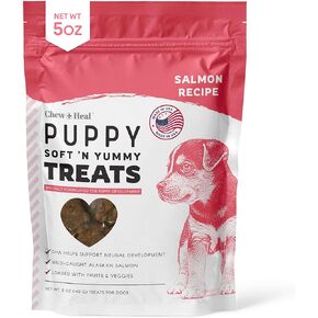 Dog Salmon Jerky for Puppies - 5 oz of Puppy Salmon Dog Treats for Puppy Development - Made with Wild Alaskan Salmon, Chickpeas, Carrots, Sweet Potato, and Fruit - Made in The USA