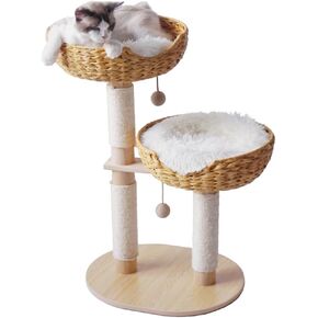 Cat Tree 32 Inches Cat Tower with Sisal Covered Scratching Real Wood Post, Handwoven PE Rattan 2 Baskets perches with Cozy Cushion, Cat Climbing, Cat Scratching Post (White Cushion)