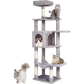 VEVOR Cat Tree for Indoor Cats, 56.2" Cat Tower with Cat Condo, Sisal Scratching Post, Hammock, Top Perch, Jumping Platforms, Large Cat House with Hang Ball, Cat Furniture Activity Center, Light Grey