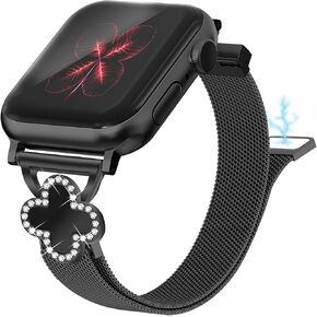 Joyozy Slim Metal Band Compatible with Apple Watch Band 38mm 40mm 41mm 42mm 44mm 45mm 46mm 49mm Skinny Magnetic Strap with Bling Charms, Cute Stainless Steel Band, Dressy Thin iWatch Bracelet for Women