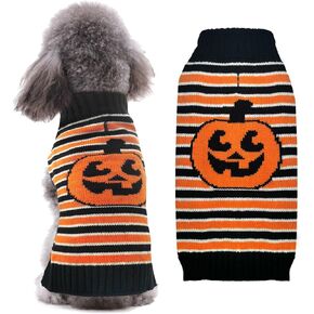 BAEJMJK Halloween Dog Sweater with Leash Hole Stripe Pumpkin Puppy Sweaters Turtleneck Dog Pullover Knitwear Fall Winter Halloween Clothes for Small Medium Large Dogs Cats Pet Outfits(X-Small)