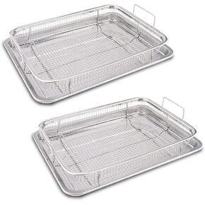 2 Set Air Fryer Basket for Oven, 15.5x11.5 Inch Stainless Steel Non-stick Mesh Basket Set, Air Fryer Accessories Oven Rack and Crisper Tray, Roasting Broiler Pan for Fries, Bacon, Chicken
