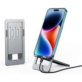Chapter Seven Phone Holder,Foldable Aluminum Adjustable Travel Phone Holder for Desk, Portable Phone Stand, Compatible with iPhone 15 14 13 Pro Max Mini, 12 11 Stand Grey