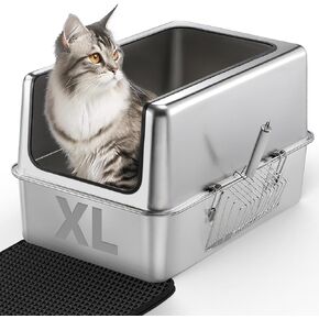 IPOW XXL All Stainless Steel Litter Box for Large Cats with Strengthen 5 Clasps Ultra Sturdy Cat Litter Box & Double Layers Cat Litter Mat & Non-Slip Mats Odor-Free Easy Clean Steel Cat Litter Box