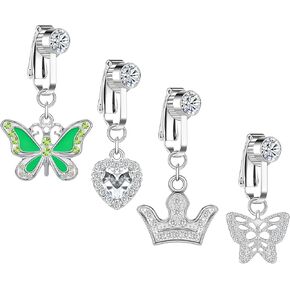 BodyAce 4pcs Fake Belly Rings Dangling Fake Belly Button Ring, Snake Evil Eye Heart Clip On Faux Navel Rings, Devil Butterfly Non Piercing Belly Jewelry