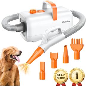 Dog Dryer for Professional Grooming - 459ft/s High Velocity Pet Blow Dryer with Adjustable Airflow Speed and Cycling Heating, Dog Cat Blower with 4 Nozzles and Up to 6.56ft Flexible Hose