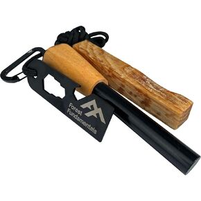 Forest Fundamentals™ Artisan Fire Starter™ | Ferro Rod Fire Steel & Striker | Wood-Turned Handle, Fatwood, 550 'Survival Cord' | Bushcraft | 20,000 Strikes!