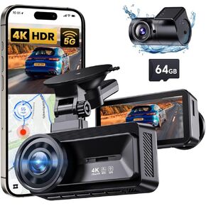Dash Cam Front and Rear, 4K Full HD Dual Dash Camera for Cars Built-in 5G WiFi GPS, 64GB Card, Car Camera with 3" IPS Screen, UHD 2160P Night Vision, HDR, App Control, 24H Parking Monitor