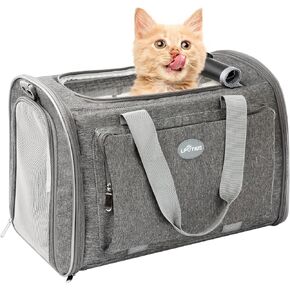 Foldable Cat Carrier Soft-Sided Pet Carrier for Small Dogs and Large Medium Cats, Airline Approved Travel Dog Carriers with Curtain, Pocket, Safety Leash and Cushion Pad, Gray