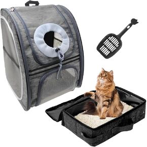 Cat Travel Carrier Kit, Soft-Sided Cat Backpack Carrier & Folding Cat Litter Box with Lid, Fit for Pet Cats or Kitten Up to 20lbs, Cat Essentials for Outdoor Traveling