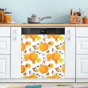 Pumpkins Autumn Leaves Dishwasher Magnet Cover, Refrigerator Door Cover Magnectic Sticker Kitchen Panel Decal Appliances Decor 23x26inch
