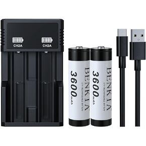 18650 Rechargeable Battery 3.7V Button Top 3600mAh High Capacity for Flashlights Headlamps (2 Pack,18650 Battery+Charger)