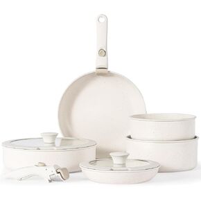 Ceramic Pots and Pans Set Non Stick with Removable Handle Detachable Handle Pots Pans, 9pcs Nonstick Cookware Set Non Toxic PFAS/PTFE Free White