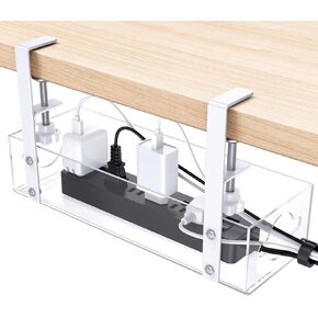 OMOTON Under Desk Cable Management Tray, Acrylic No Drill Desk Cable Organizers with Clamp for Desk Wire Management, 2 Hole Under Desk Storage for Wire Organizer and Desk Cord Organizer, Clear
