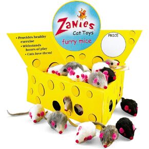 Pet Edge Zanies Cheese Wedge Display Box with 60 Furry Mice Toys for Cats – Mouse Measures 3" in Length Including Tail