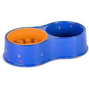 The Dodo Bamboo Double Diner Bowl, Blue & Yellow; Cute Dog Dish; Double Dish for Dogs, Dog Double Bowls