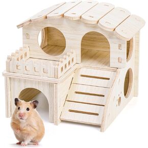Wood Hamster House, Maze Hamster Hideout, Fun Slide Gerbil House with Window, Detachable Double Decker Hut for Hamster Dwarf Mice Mouse Small Animals